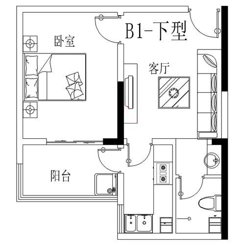 B1-下户型 53.86㎡ 1室1厅