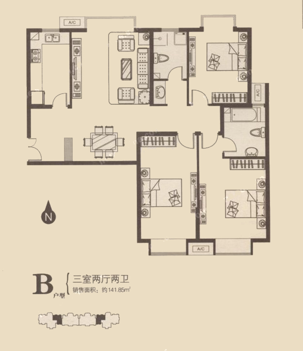 B户型 三室两厅两卫 141.85㎡