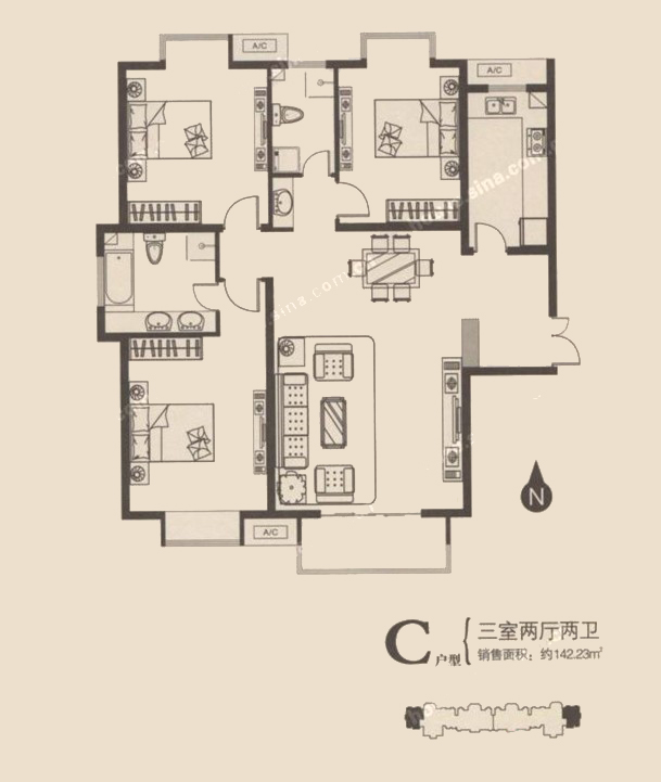 C户型 三室两厅两卫 142.23㎡