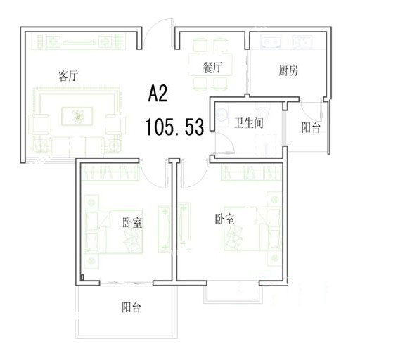 A2户型 105.53㎡ 2室2厅