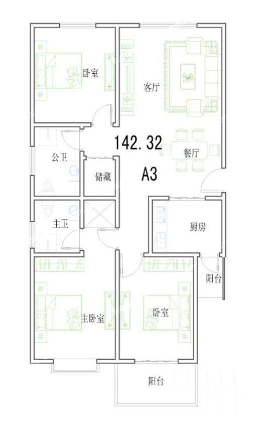 A3户型 142.32㎡ 3室2厅