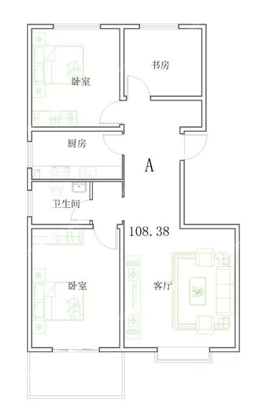 A户型 108.38㎡ 2室1厅