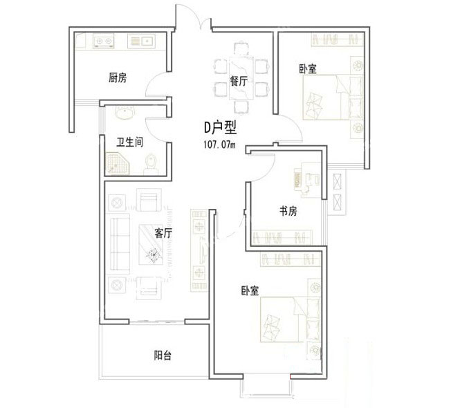 D户型 107.07㎡ 2室2厅