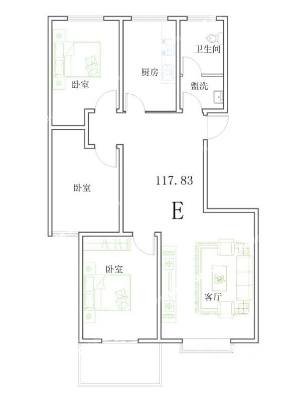 E户型 117.83㎡3室1厅