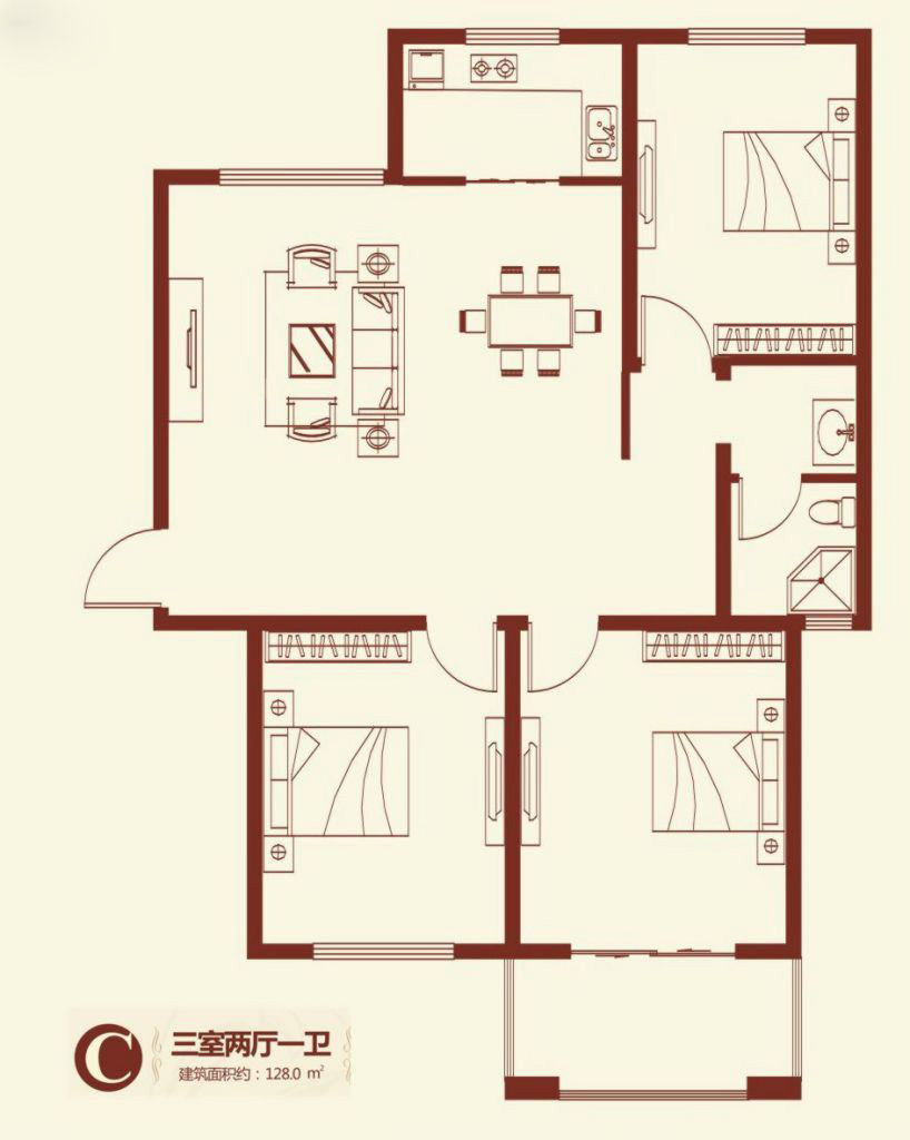 紫薇壹號·西韵3室2厅1卫128㎡